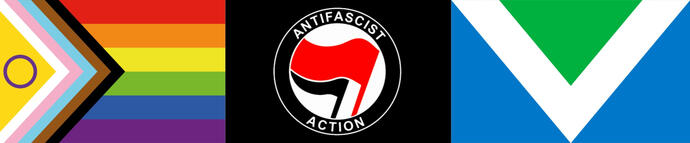 The progress pride flag, the antifacist action flag and the vegan flag horizontally next to each other.